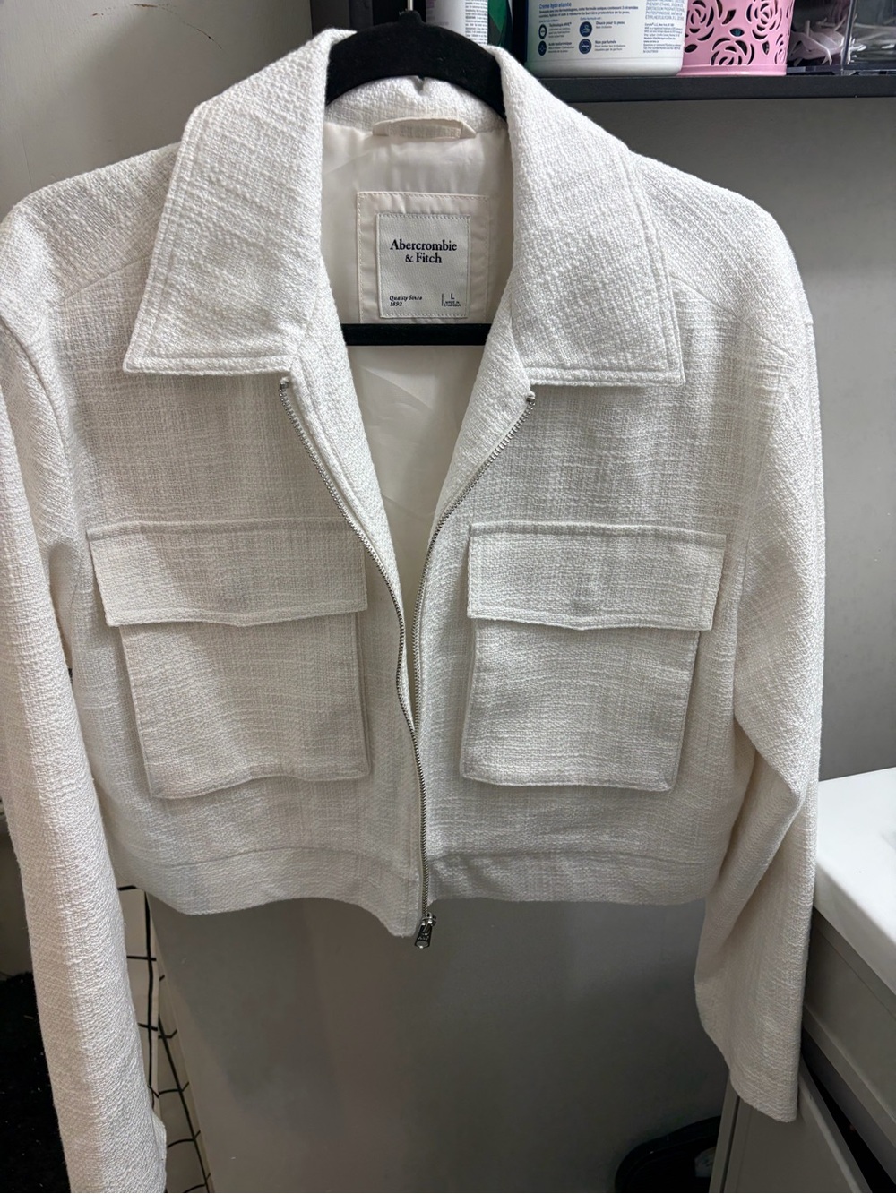Abercrombie & Fitch Cream Textured Cropped Zip Jacket
